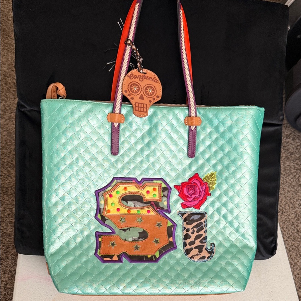 Consuela Aqua Quilted Tote with Colorful Accents